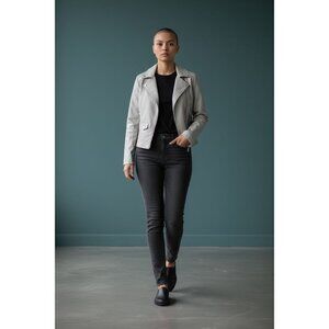 NEW Express Pleather Light Gray Moto Style Jacket Faux Leather Womens Small $118